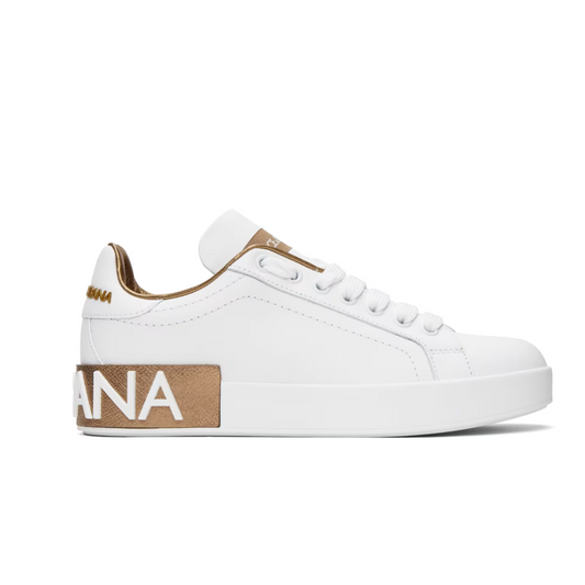 DOLCE & GABBANA White & Gold Calfskin Portofino Sneakers