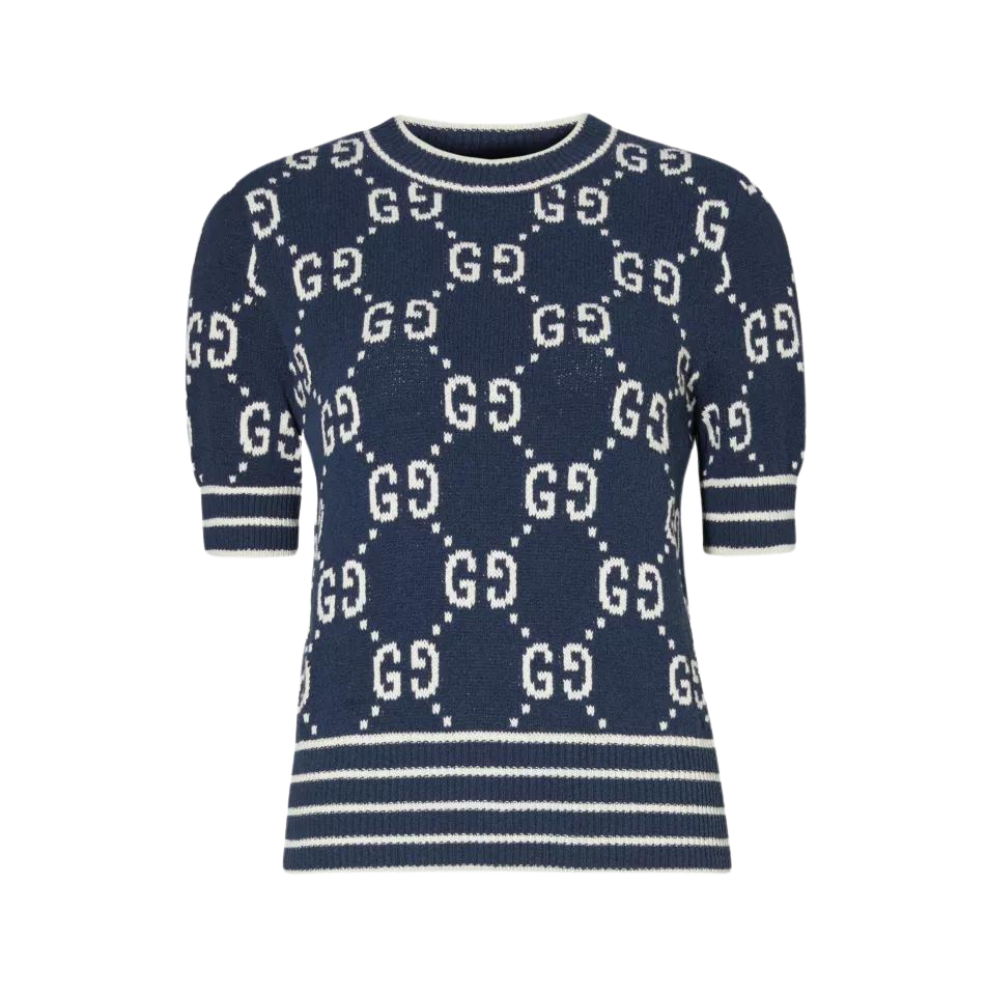 GUCCI Monogram-pattern ribbed-trim cotton-blend knitted top