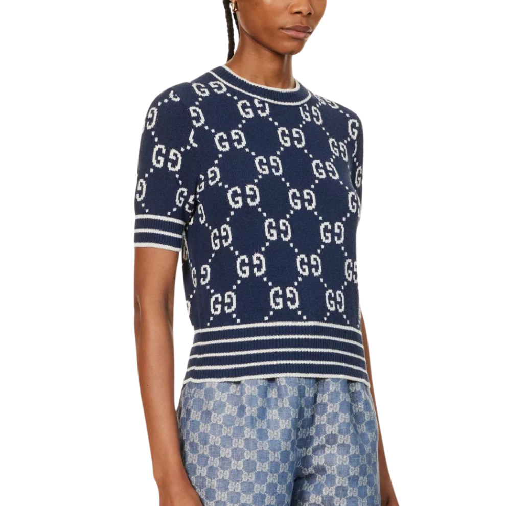 GUCCI Monogram-pattern ribbed-trim cotton-blend knitted top