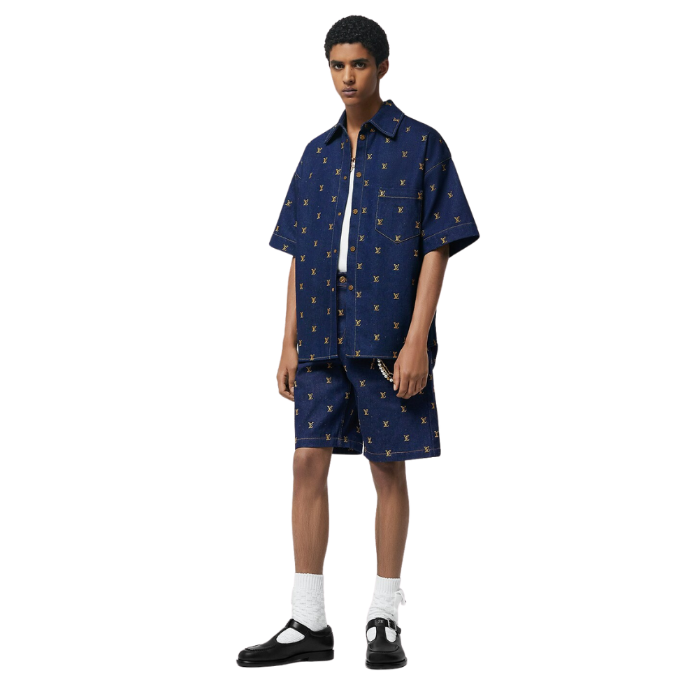 LOUIS VUITTON Embroidered Signature Short-Sleeved Denim Shirt