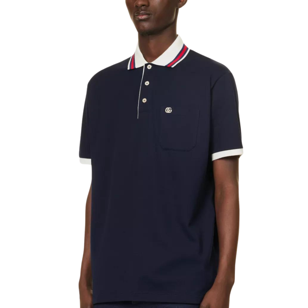 GUCCI Stripe-collar short-sleeve stretch-cotton piqué polo shirt
