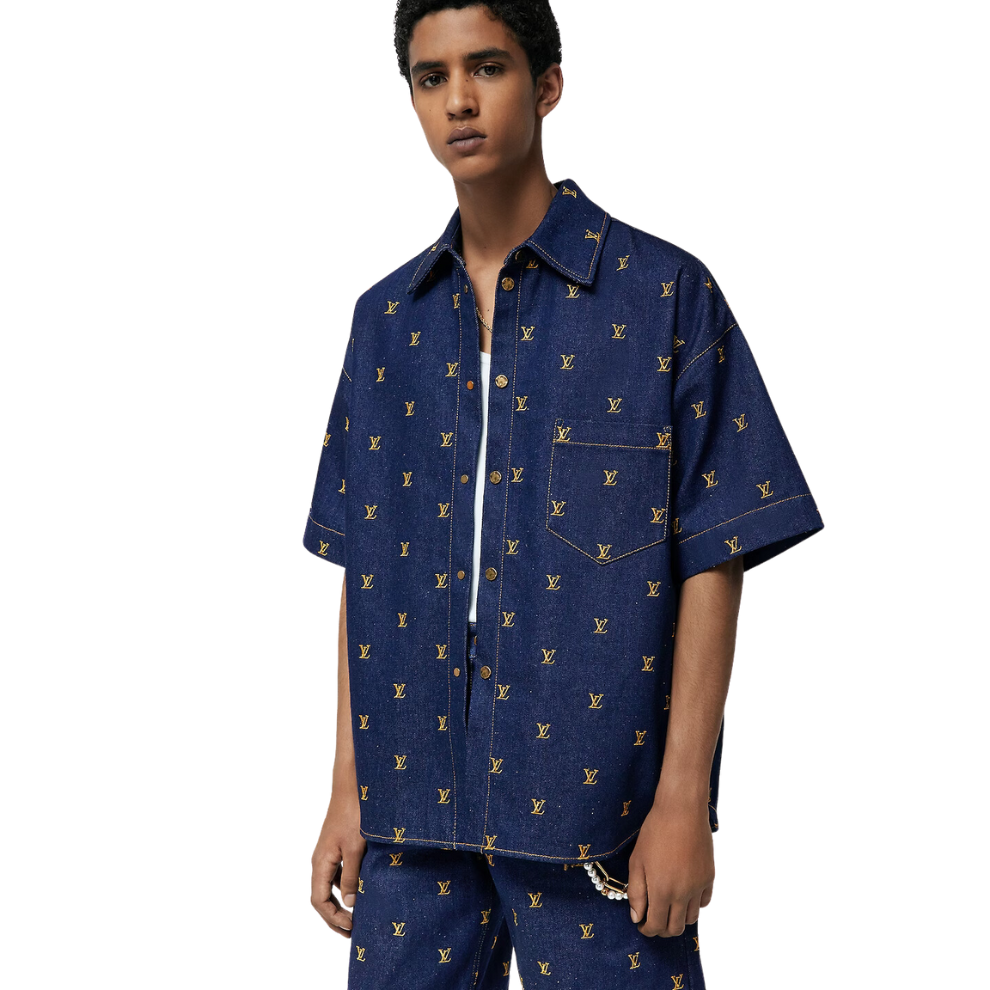 LOUIS VUITTON Embroidered Signature Short-Sleeved Denim Shirt