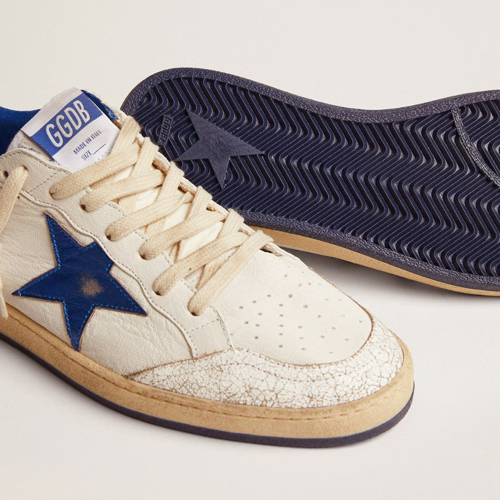 Golden Goose Men's Ball Star in white nappa with blue star and heel tab