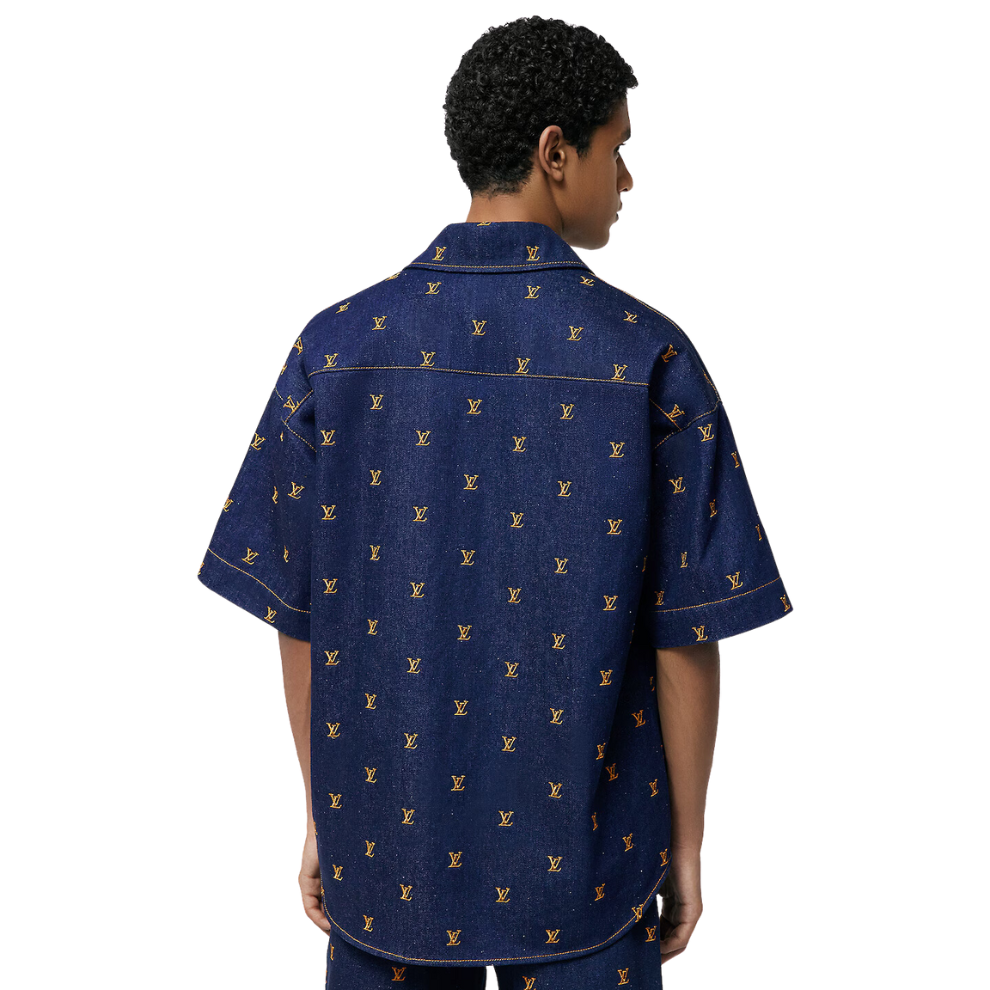 LOUIS VUITTON Embroidered Signature Short-Sleeved Denim Shirt