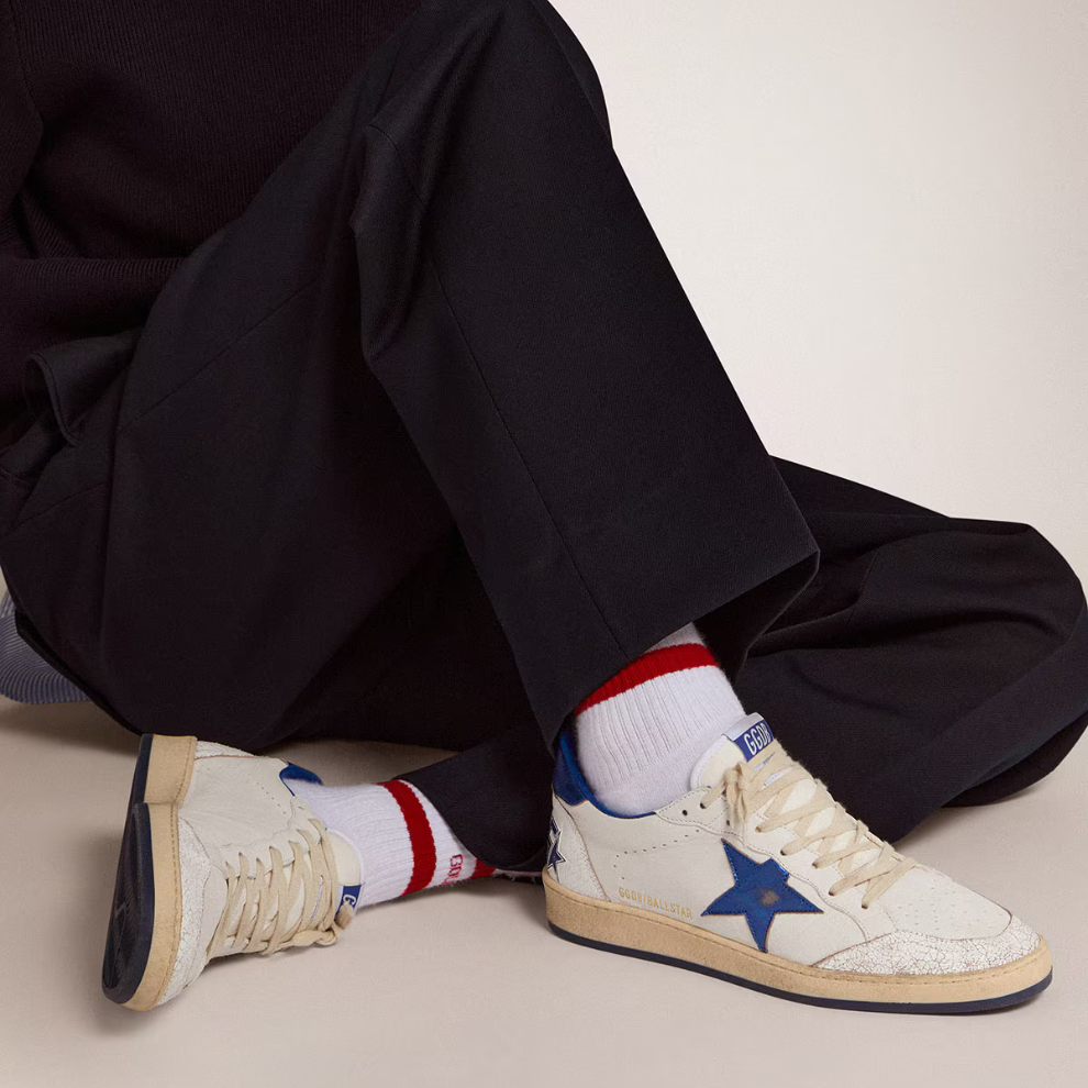 Golden Goose Men's Ball Star in white nappa with blue star and heel tab