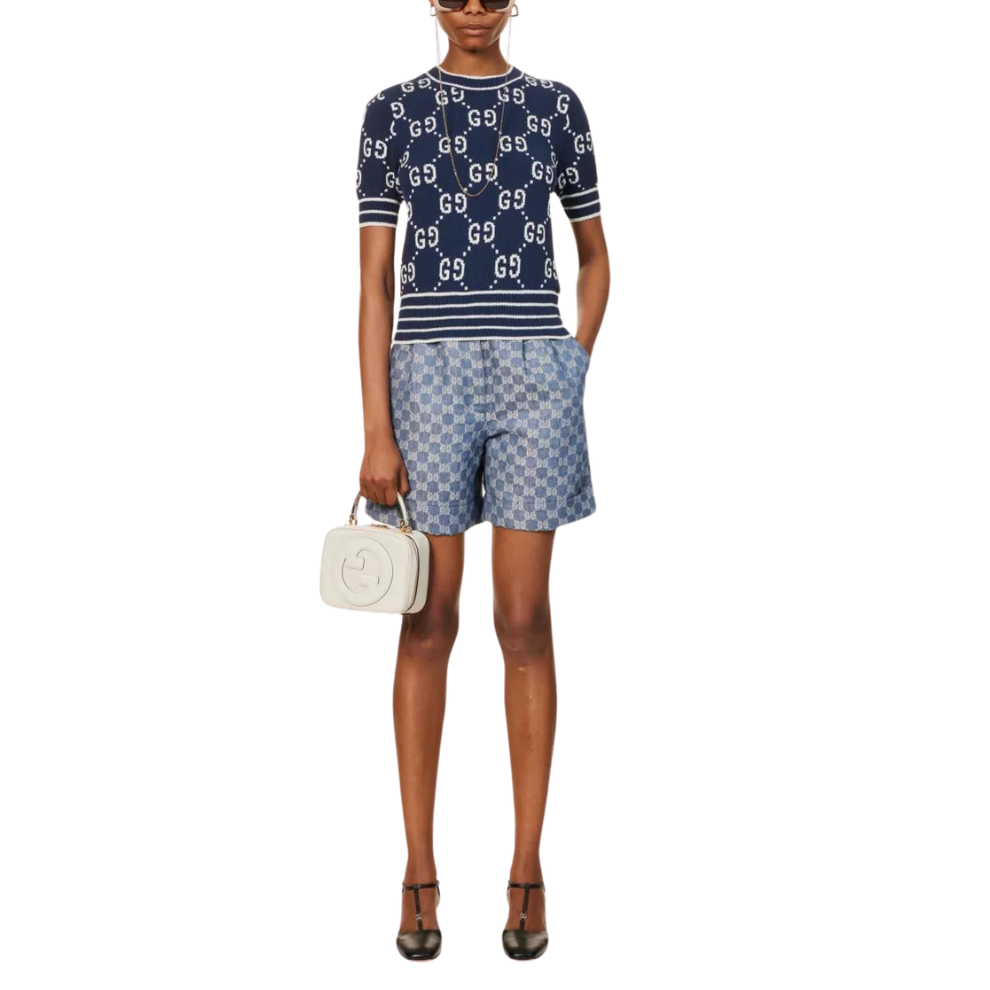 GUCCI Monogram-pattern ribbed-trim cotton-blend knitted top