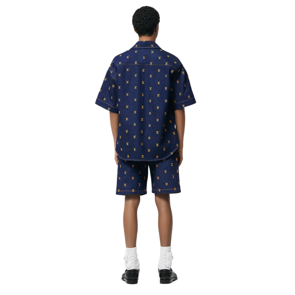 LOUIS VUITTON Embroidered Signature Short-Sleeved Denim Shirt