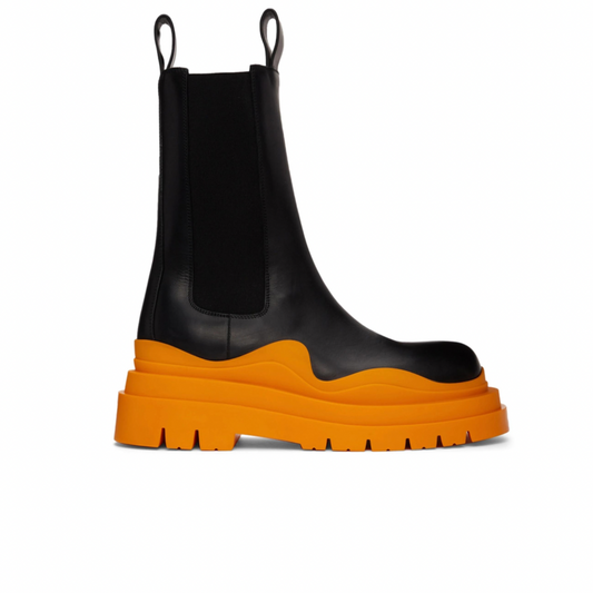 BOTTEGA VENETA Black & Orange Tire Chelsea Boots