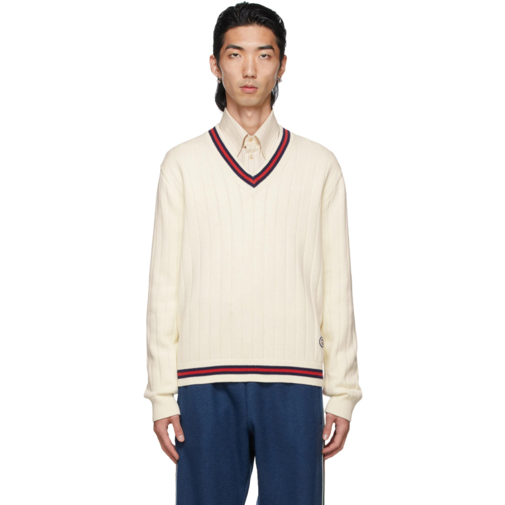 GUCCI Off-White Knit Web V-Neck Sweater