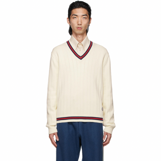 GUCCI Off-White Knit Web V-Neck Sweater