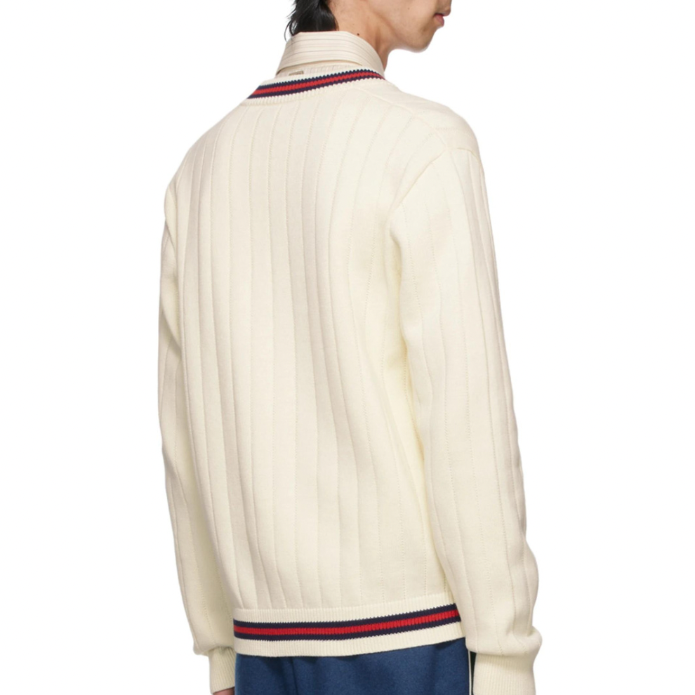 GUCCI Off-White Knit Web V-Neck Sweater