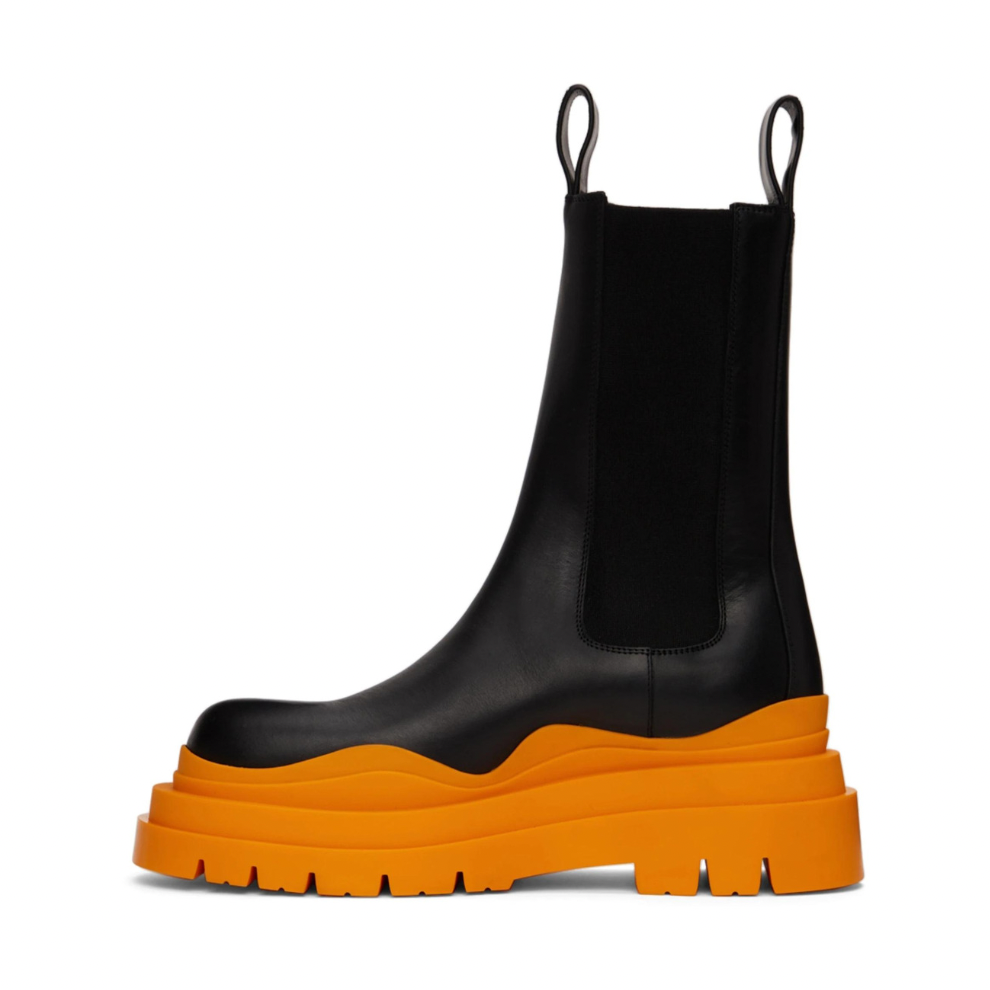 BOTTEGA VENETA Black & Orange Tire Chelsea Boots