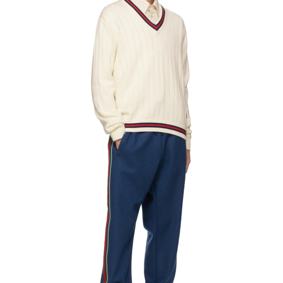 GUCCI Off-White Knit Web V-Neck Sweater