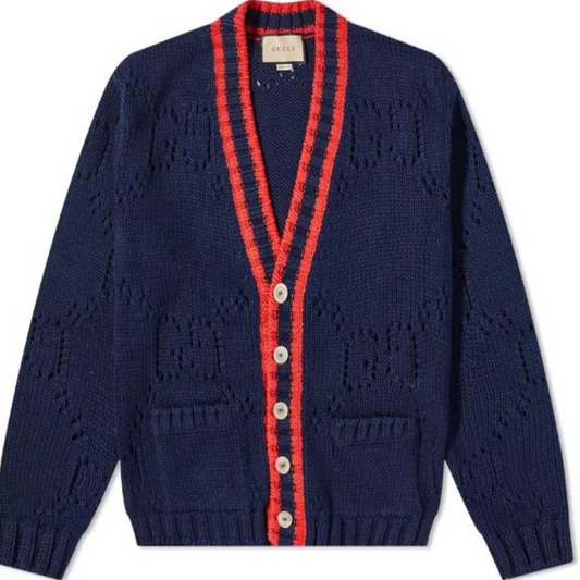 GUCCI GRG PLACKET GG CARDIGAN NAVY